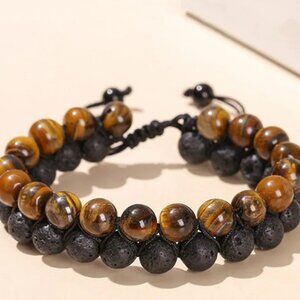 Men's 8mm Brown Tiger's Eye & Lava Rock Woven Beaded Adjustable Rope Bracelet